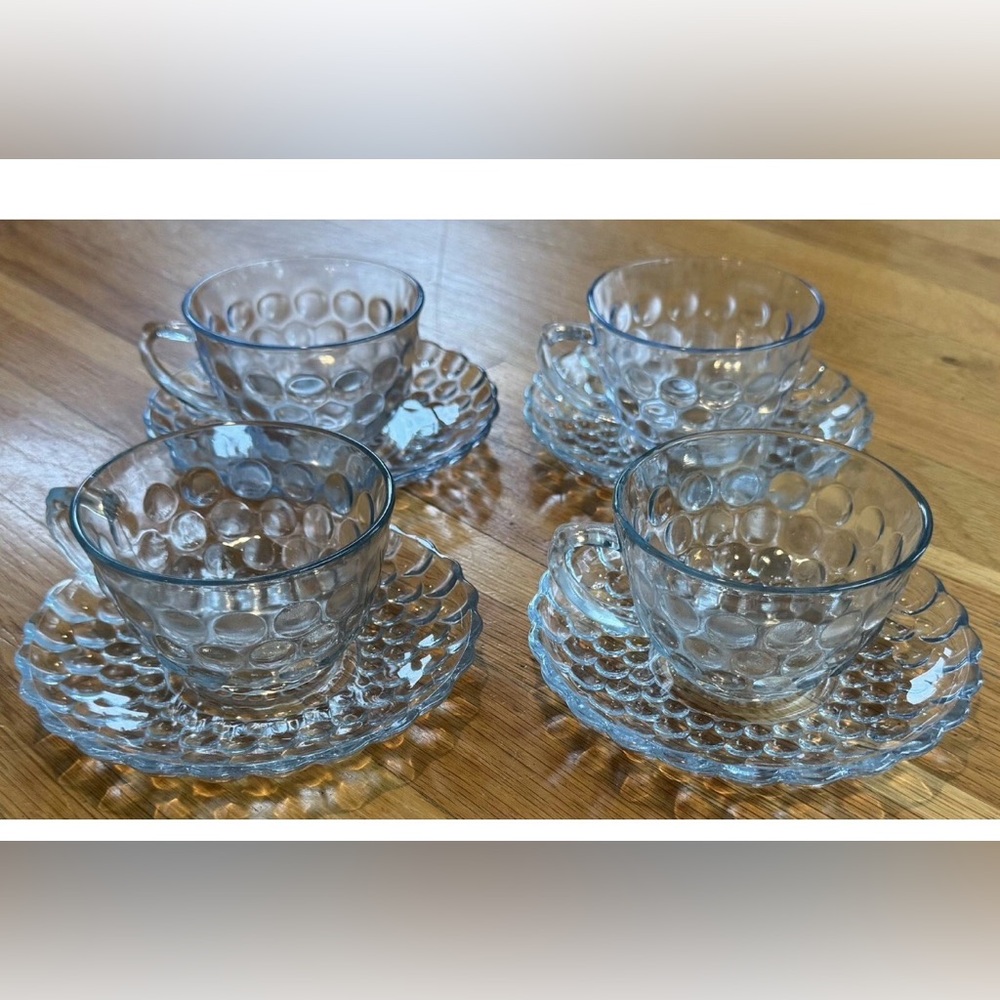Vintage Federal Glass Ice Blue Bubble Teacups | Starburst Base | Set of 4